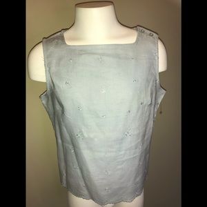 Petite Pale Blue Linen Embroidered Sleeveless Top